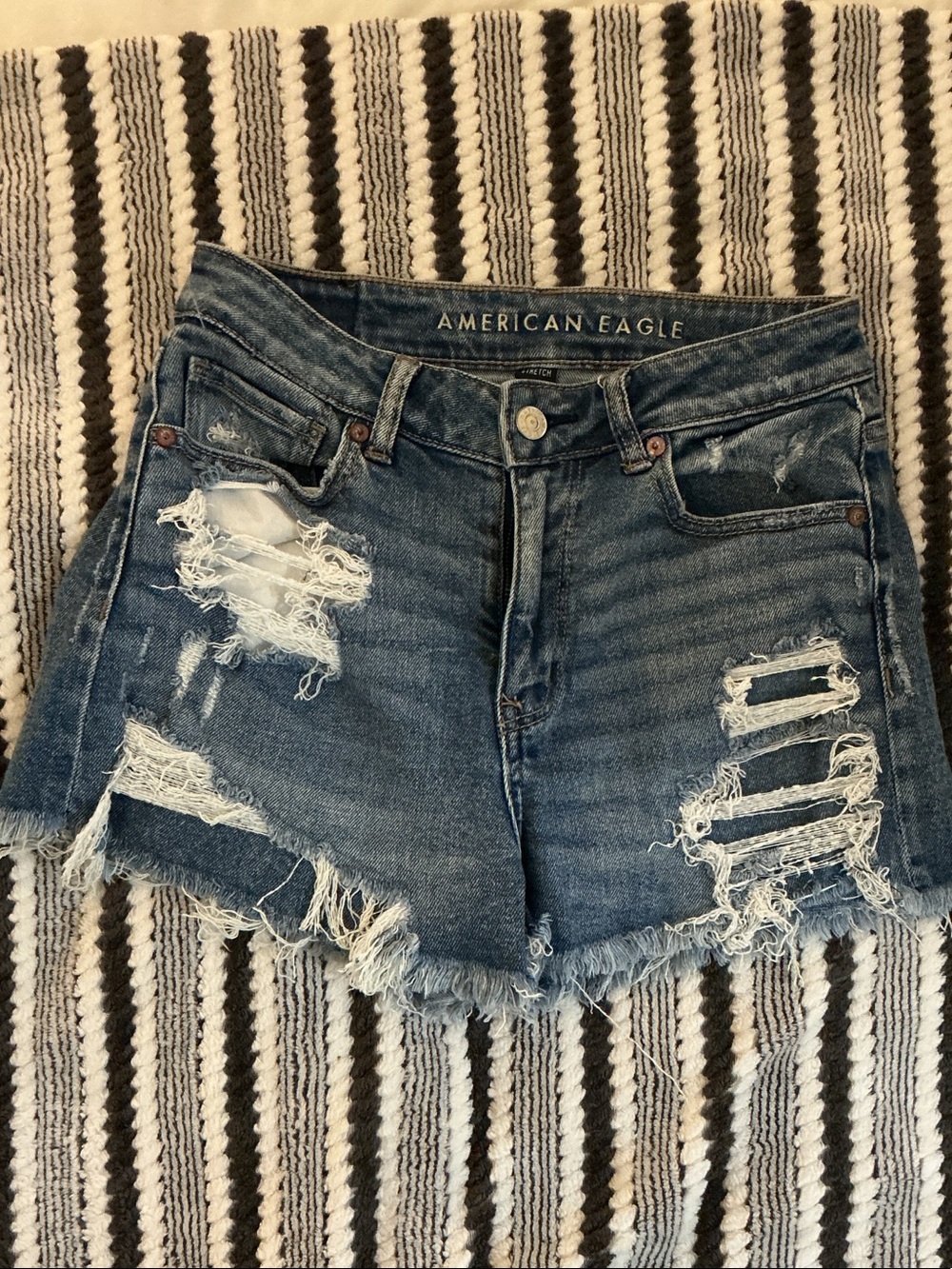 American Eagle Outfitters Distressed Blue Denim High-Rise Jean Shorts